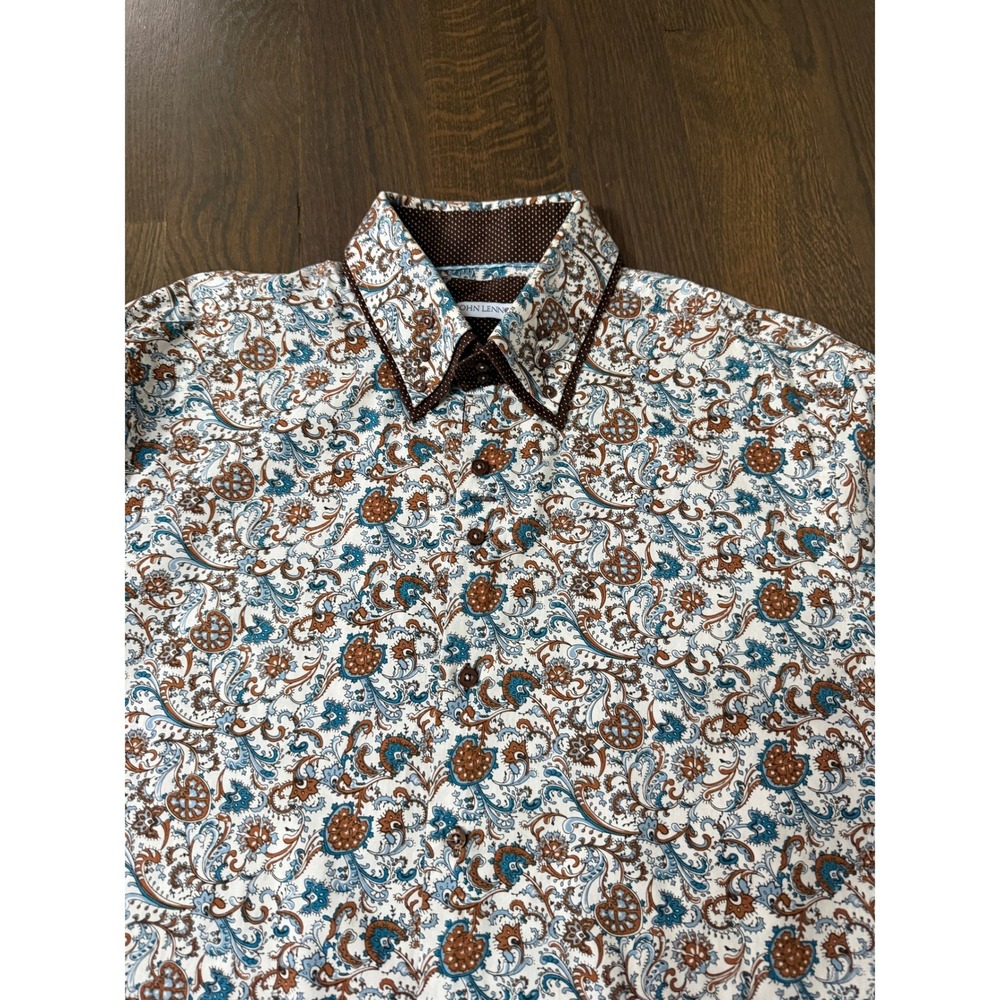 John Lennon Mens Floral Paisley Button Down Shirt Blue Brown Long Sleeve 3XL - Picture 8 of 10
